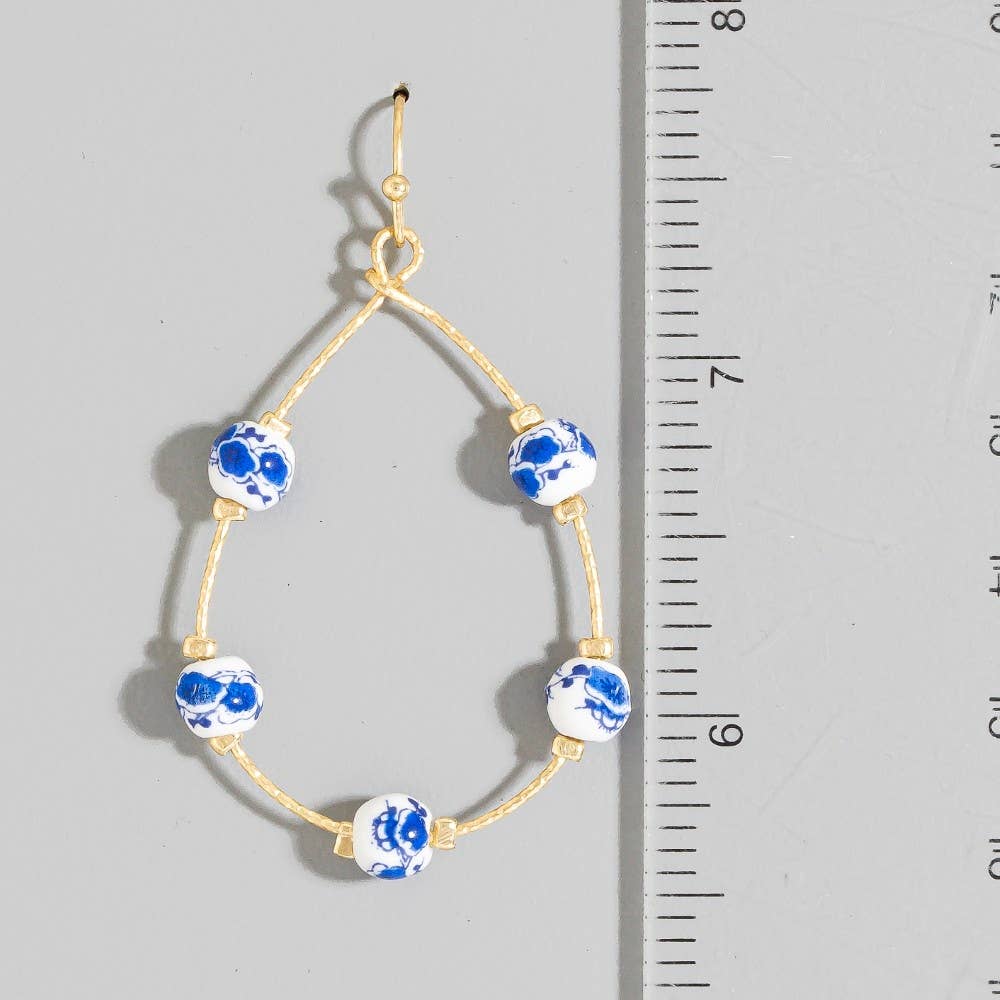 Blue Floral Ceramic Beaded Teardrop Earrings