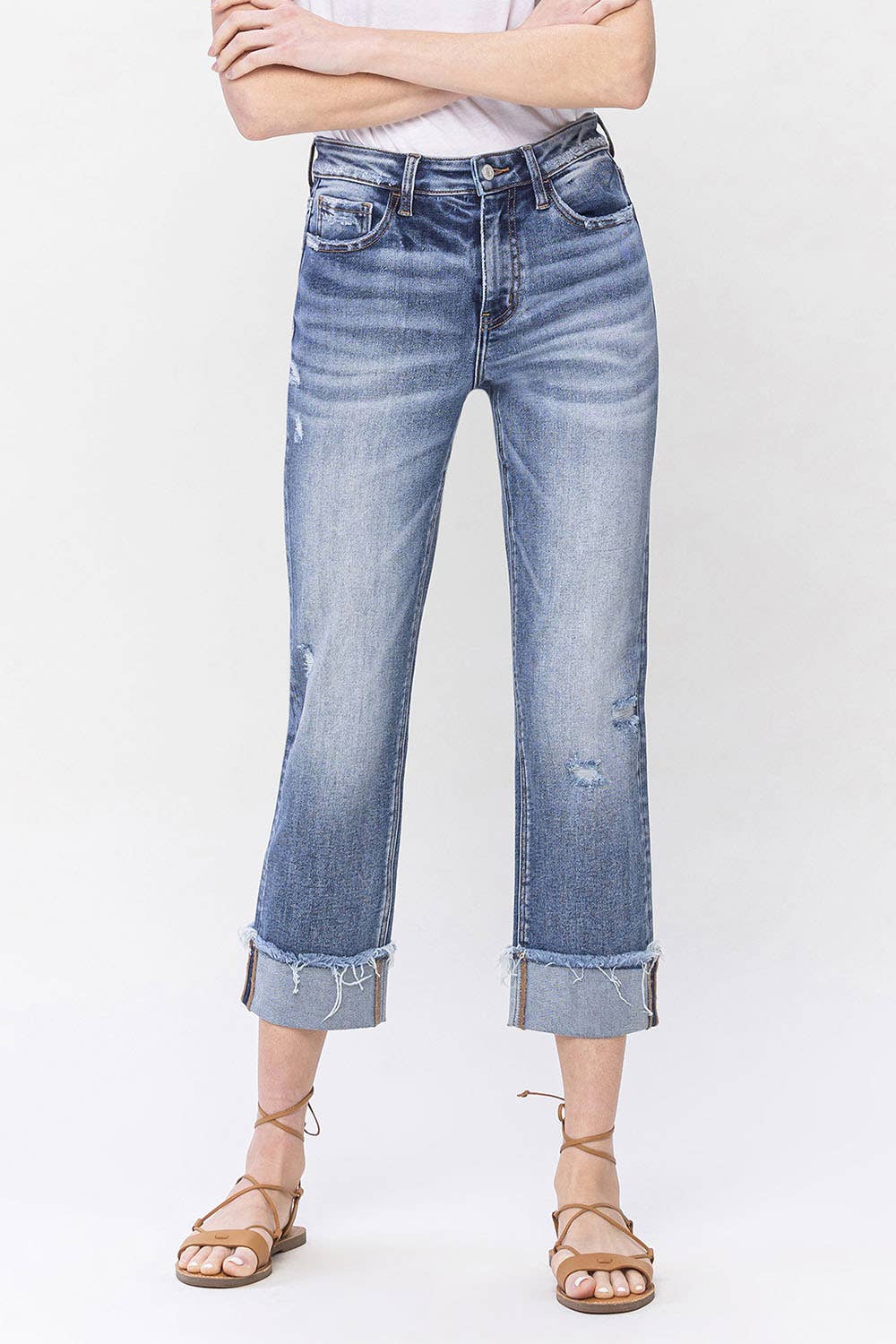High Rise Cuff Straight Jeans