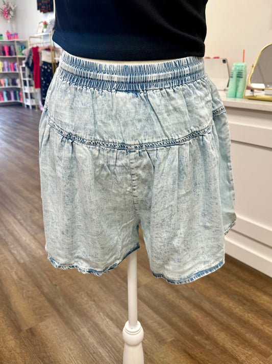 Light Washed Chambray Button Down Flare Shorts