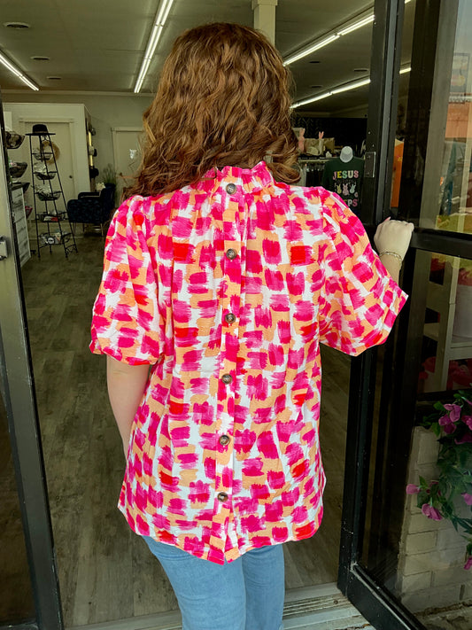 Pink Abstract Button Back Top