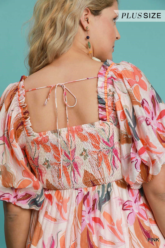 Plus Pink Floral Smocked Midi Dress