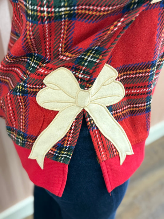 Merry Side Bow Patch Plaid Sweatshirt