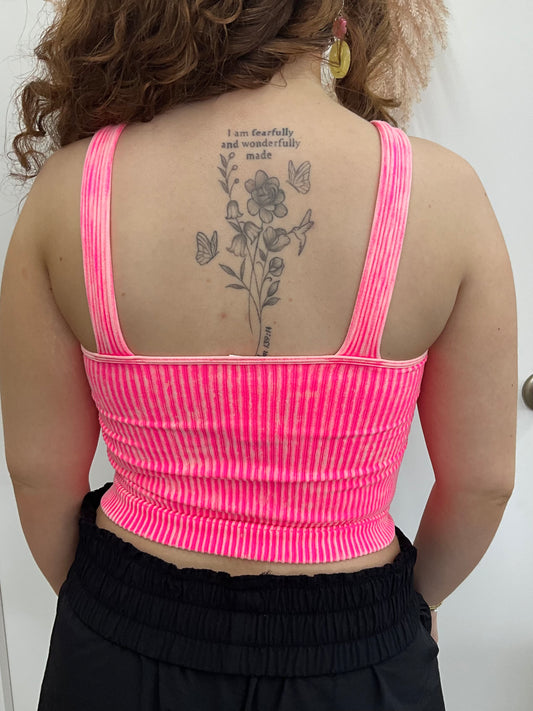 N Coral Fuchsia Washed Ribbed Seamless Bra Padded V-Neck Tank