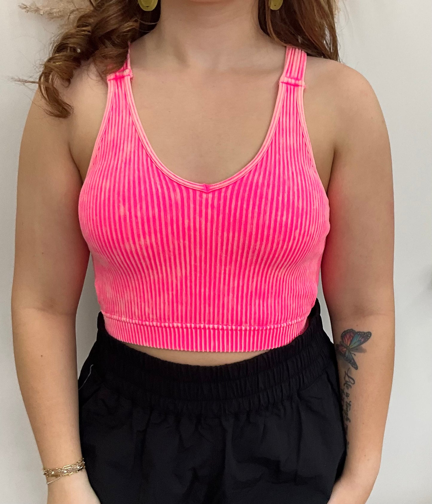 N Coral Fuchsia Washed Ribbed Cropped Seamless Bra Padded Tank Top