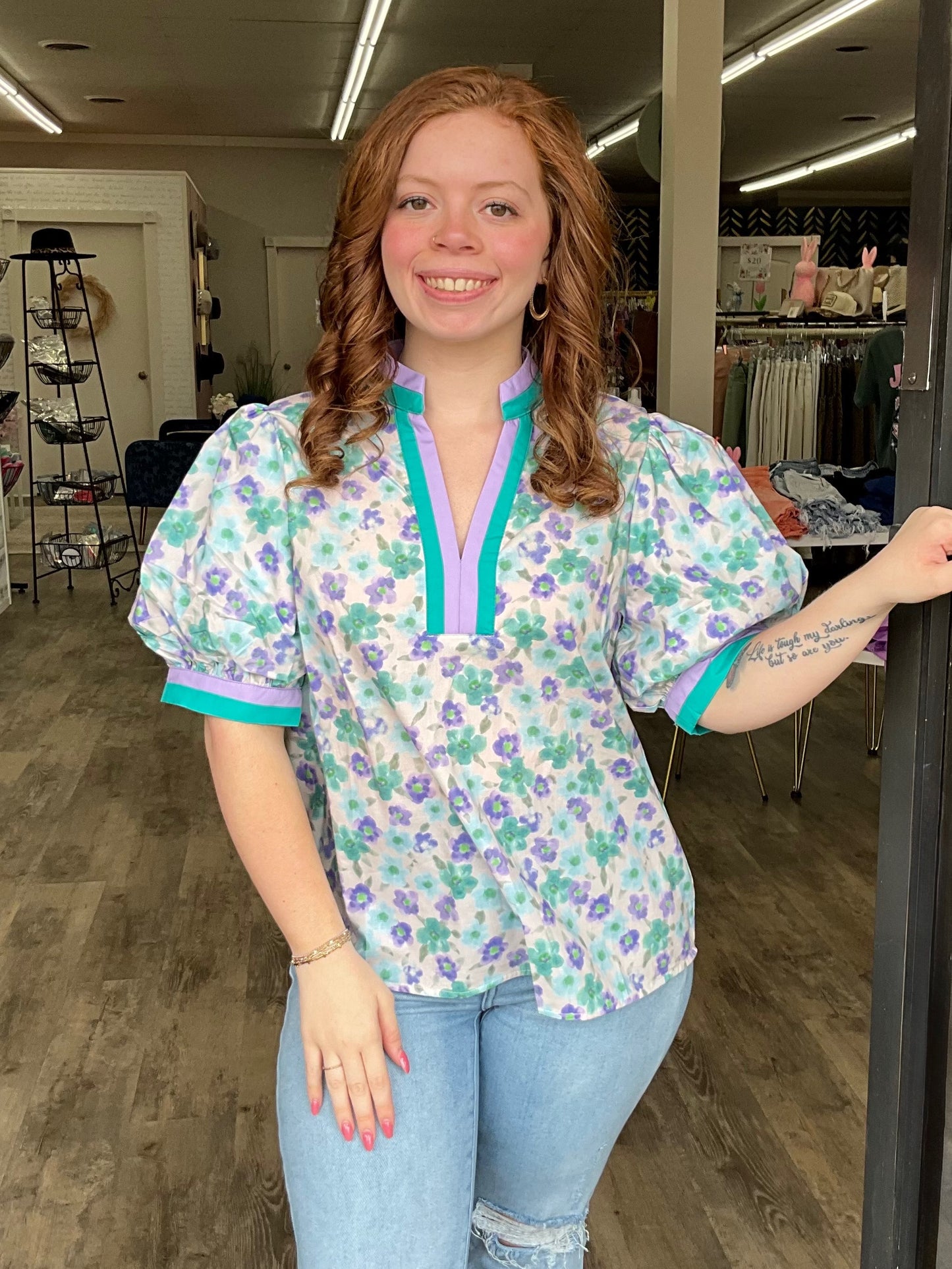 Blue Combo Bubble Sleeve Top