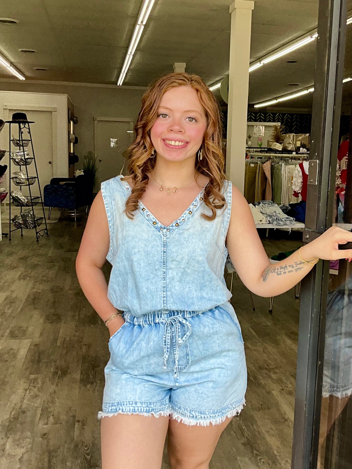 Studded Denim Romper
