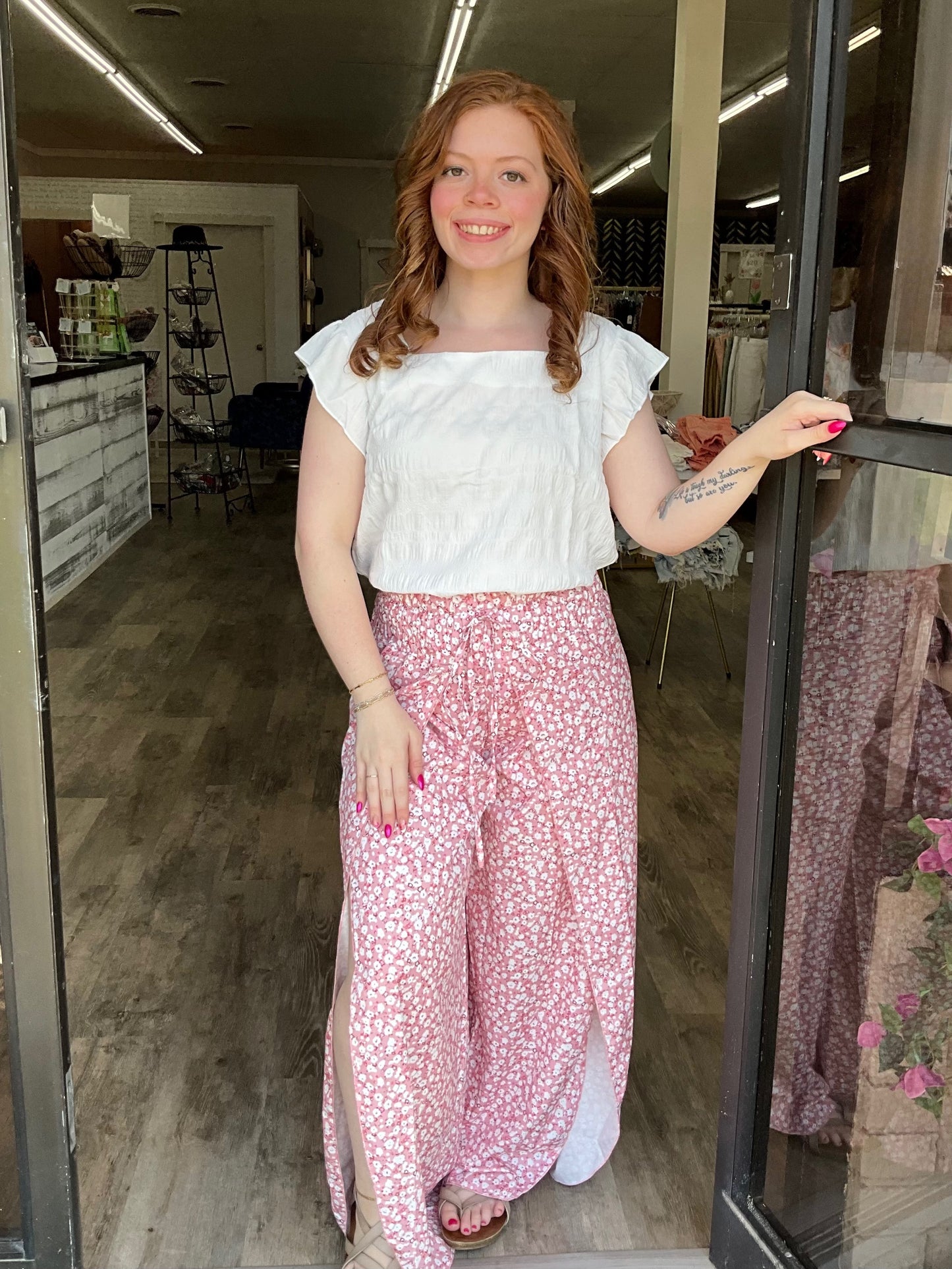 Pink Floral Slit Wide Leg Smocked High Waist Pants