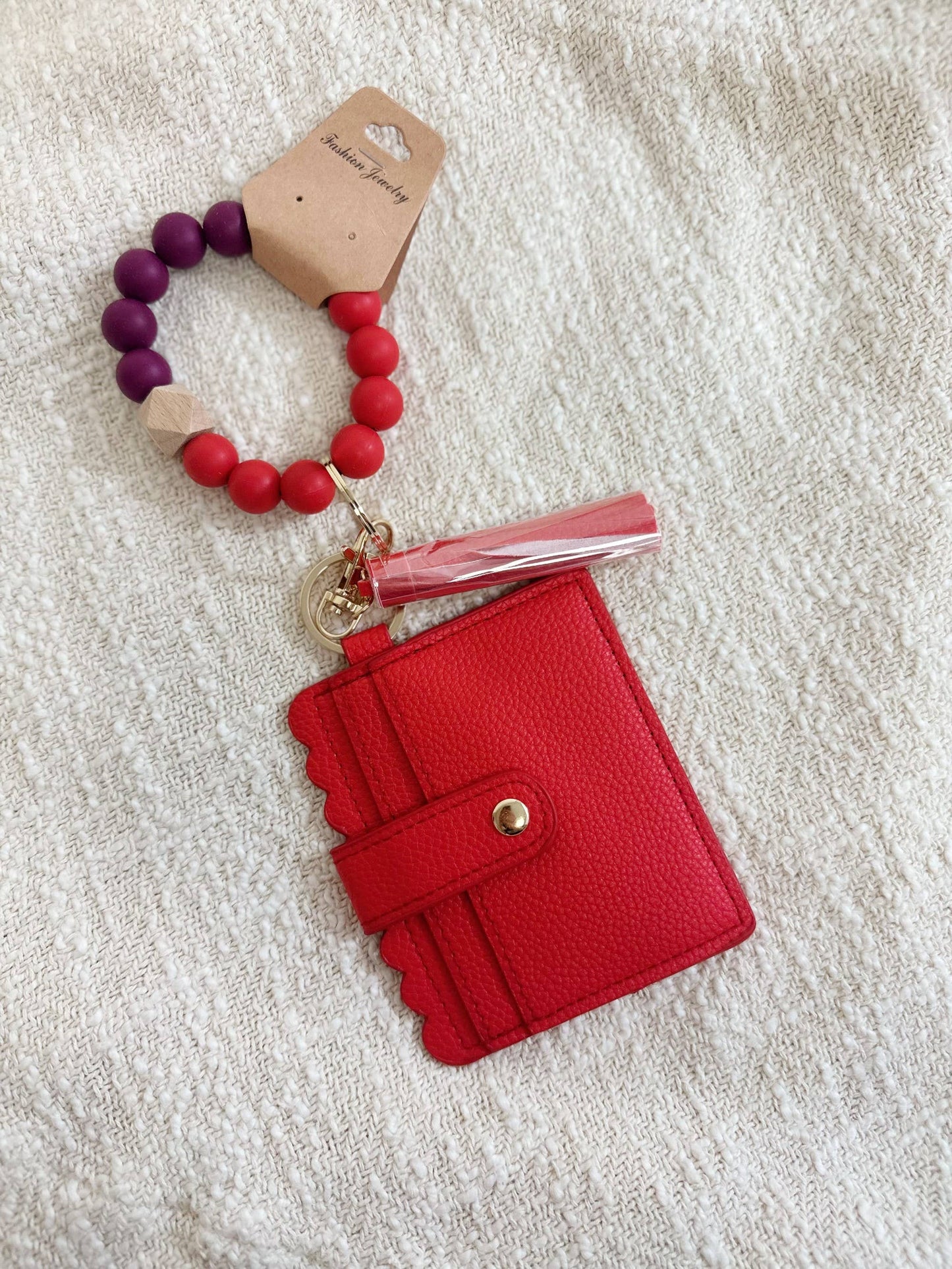 Red Silicone Beaded Stretch Bracelet Wristlet ID