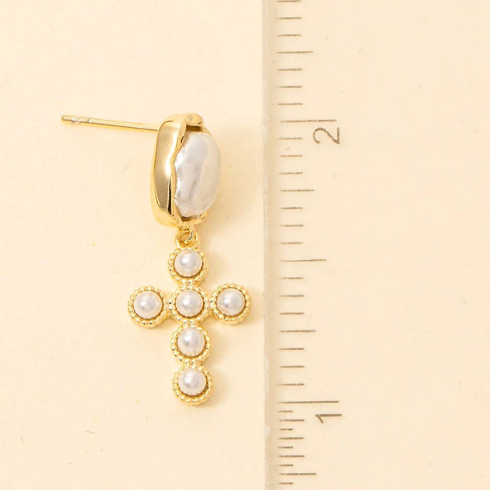 Pearl Studded Cross Dangle Earrings