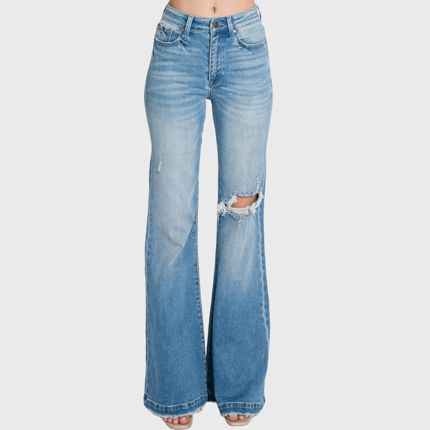 Petite Distressed Super High Rise 70’s Inspired Flare Jeans