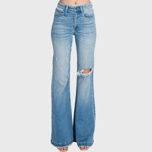 Petite Distressed Super High Rise 70’s Inspired Flare Jeans