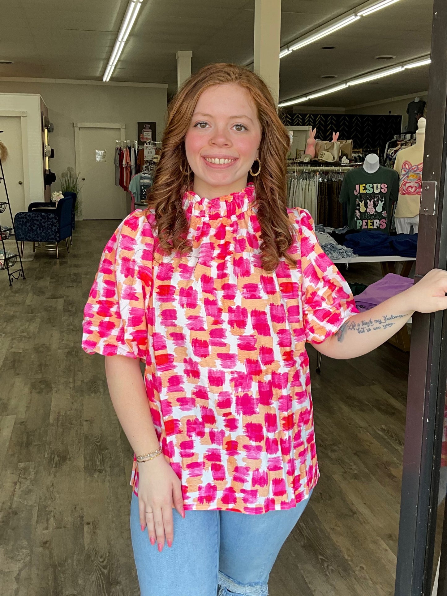 Pink Abstract Button Back Top