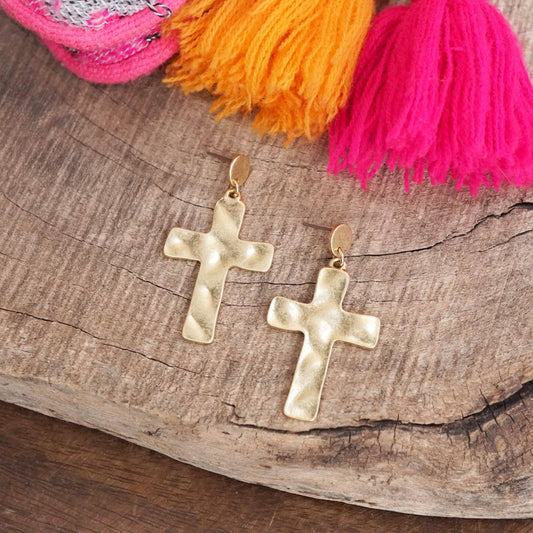 Gold Cross Hammered Earrings