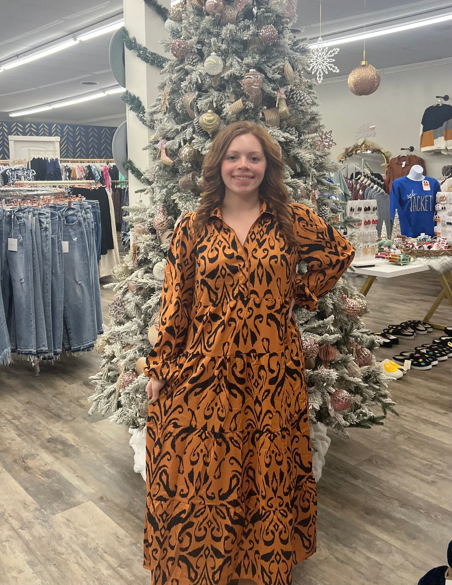 Plus Printed Long Sleeve Split Collar Maxi Dress