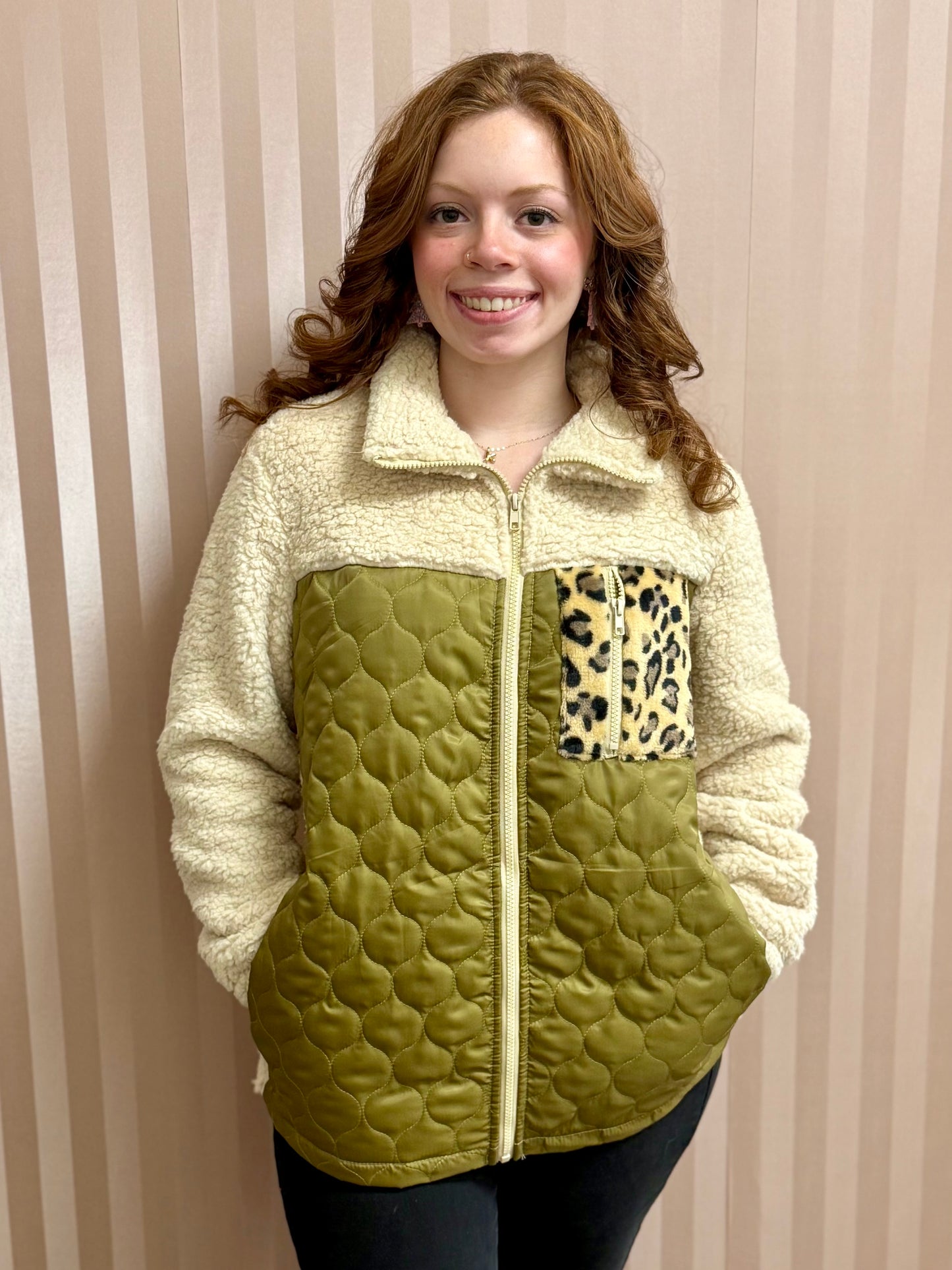 Green Sherpa Quilted Leopard Patchwork Zip Up Jacket