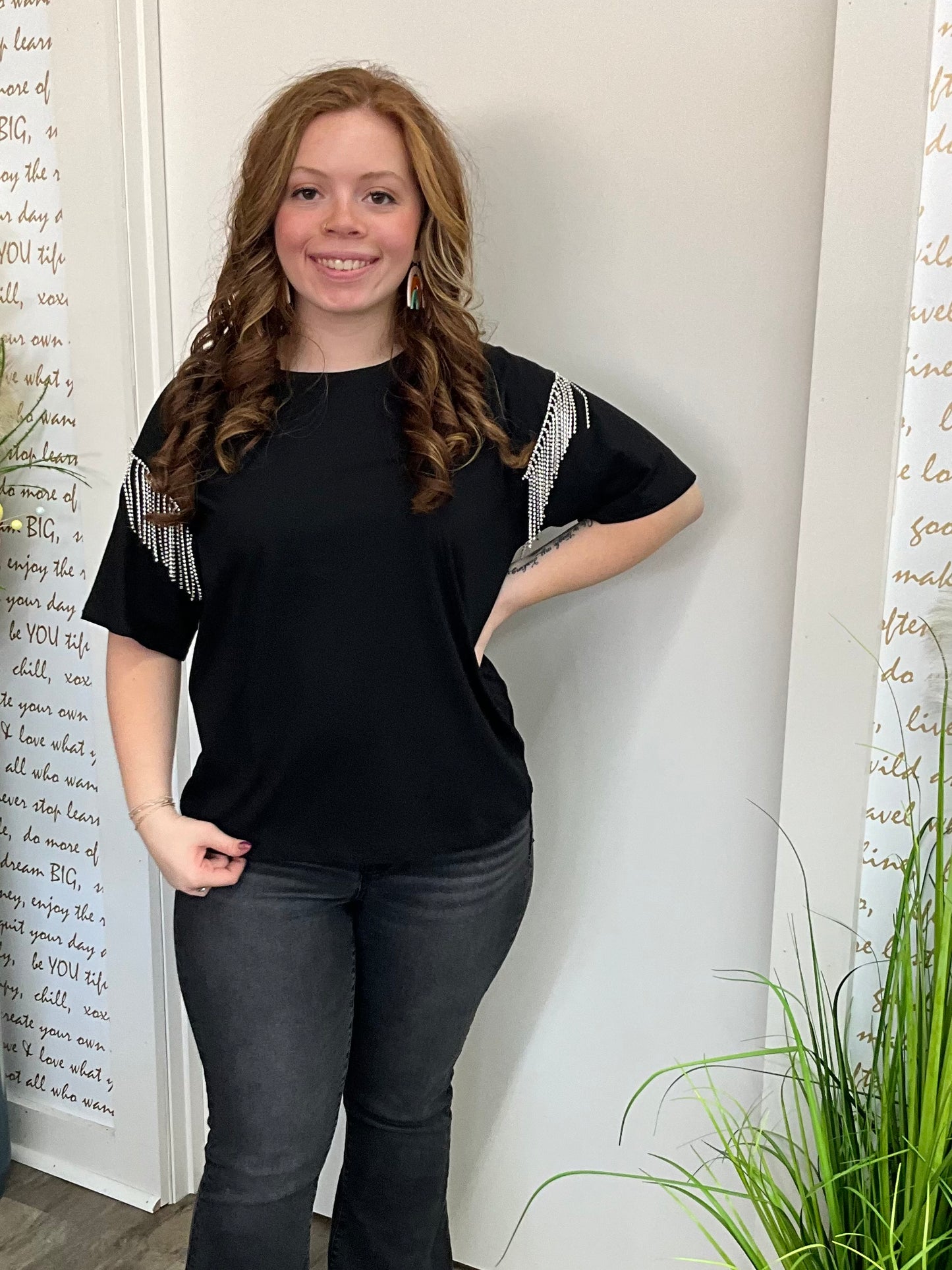 Glitzy Gal Black Tee With Rhinestone Fringe