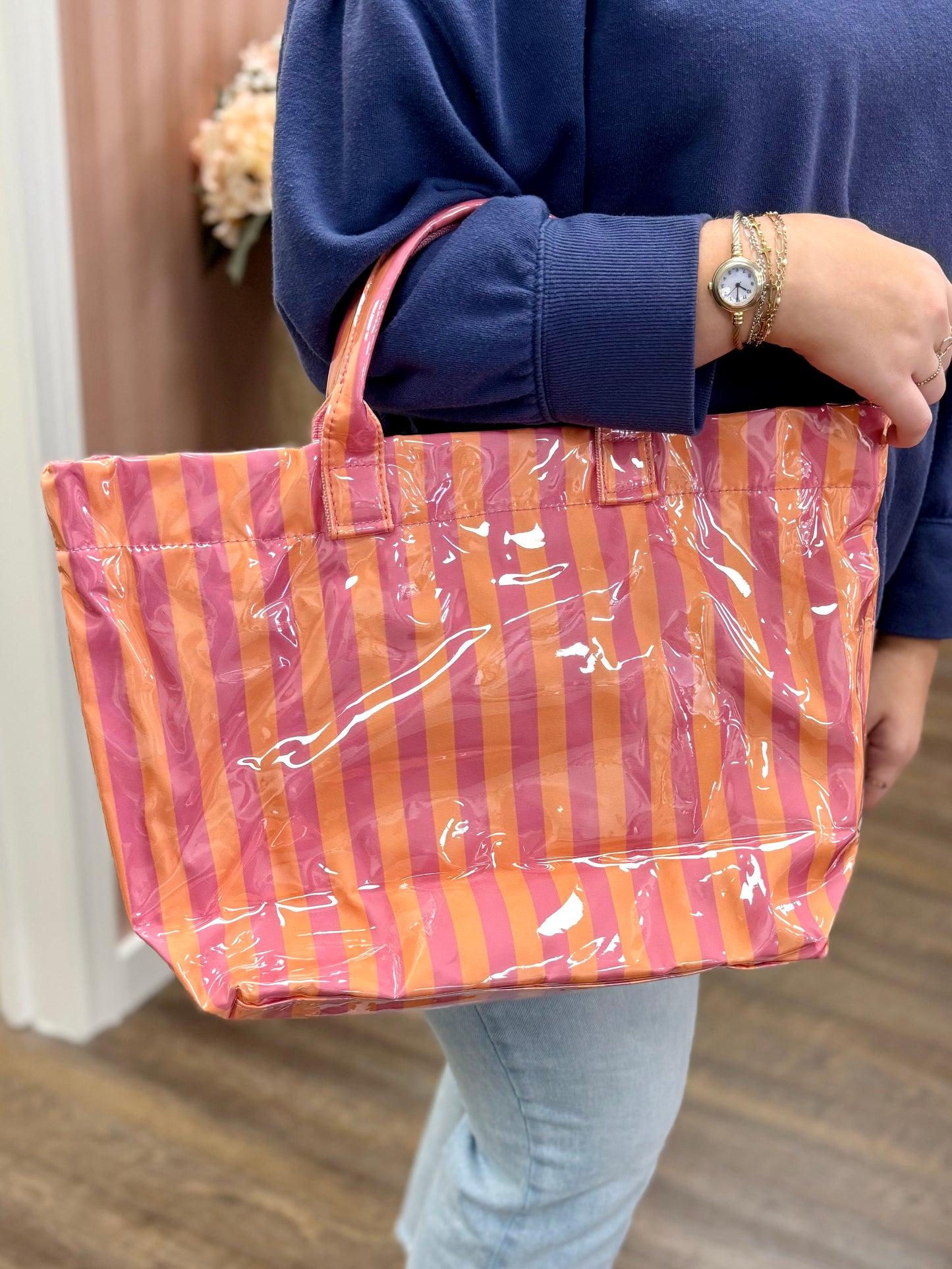 Pink & Orange Glossy Striped Pool Tote Bag