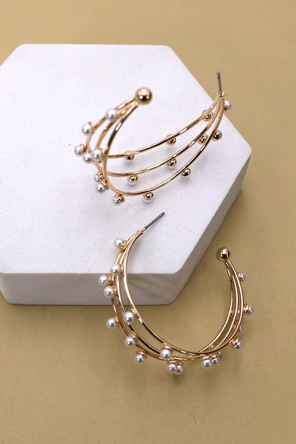 Gold Triple Wire Pearl Hoop Earrings