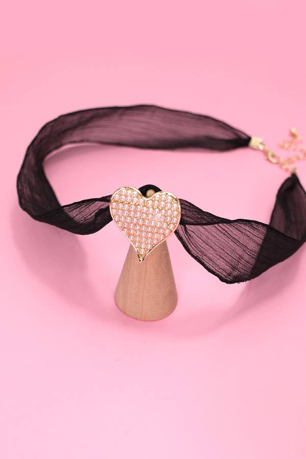 Pearl Heart Sheer Lace Chain Necklace