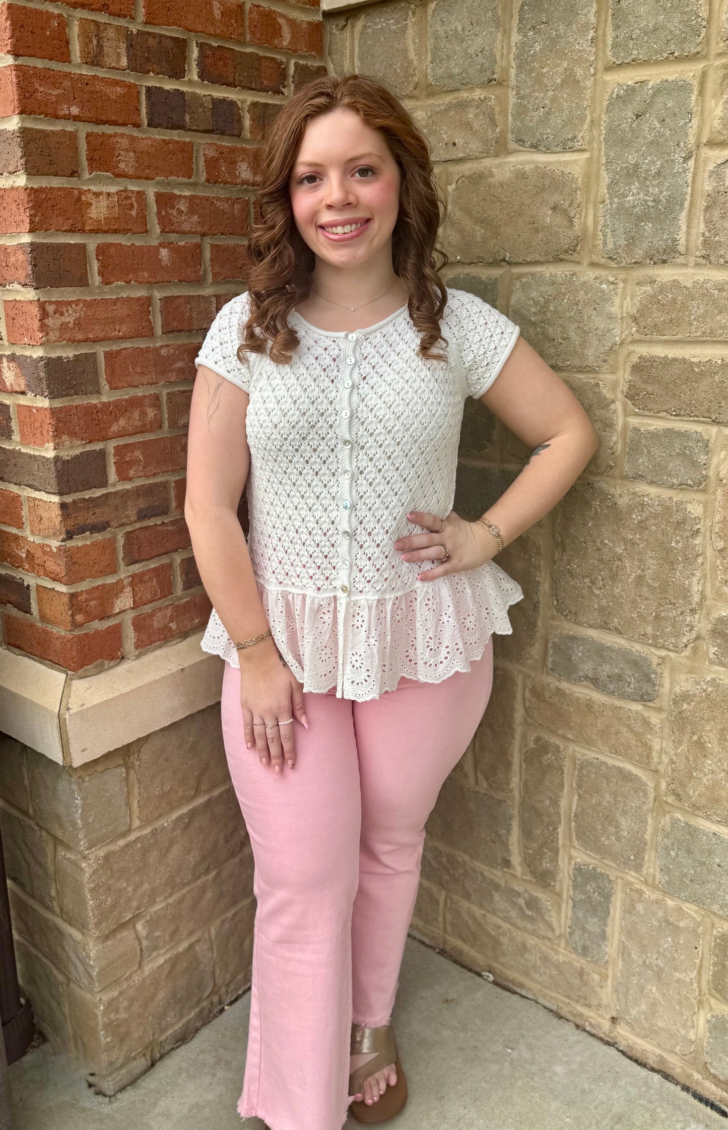 Cream Eyelet Lace Ruffle Hem Top