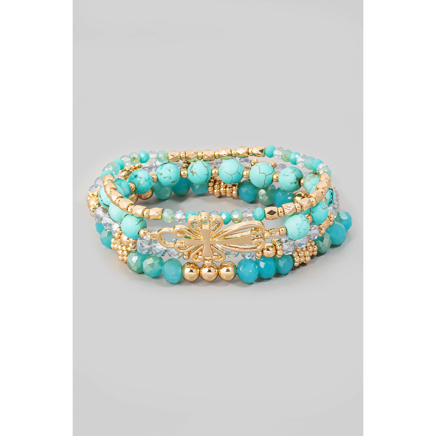 Teal Ornate Cross Charm Layered Beaded Bracelet Set
