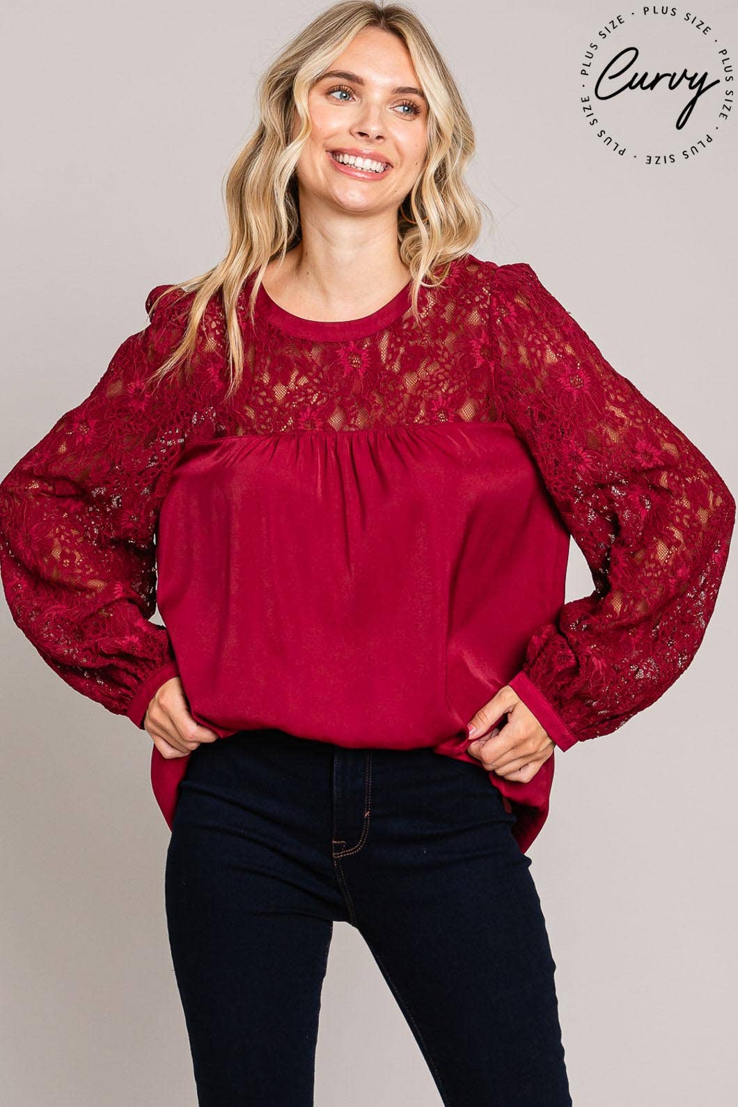 Plus Everyday Satin Lace-Neck Blouse / Wine