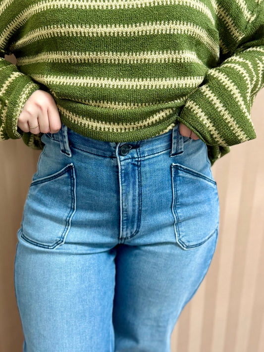 High Rise Stretch Welted Pocket Wide Leg Jeans