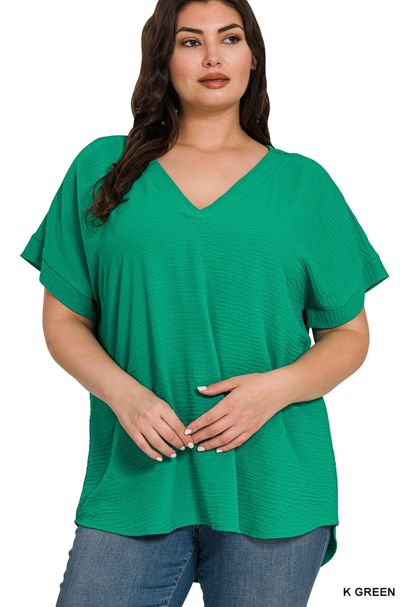 Plus Kelly Green V-Neck Hi-Low Hem Top