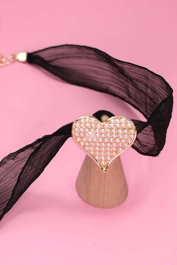 Pearl Heart Sheer Lace Chain Necklace