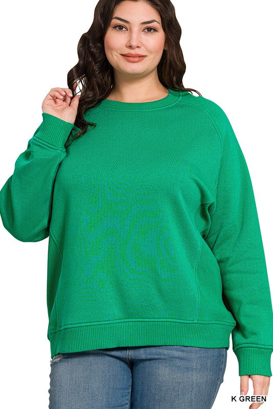 Plus Green Fleece Ribbed-Side Sweatshirt