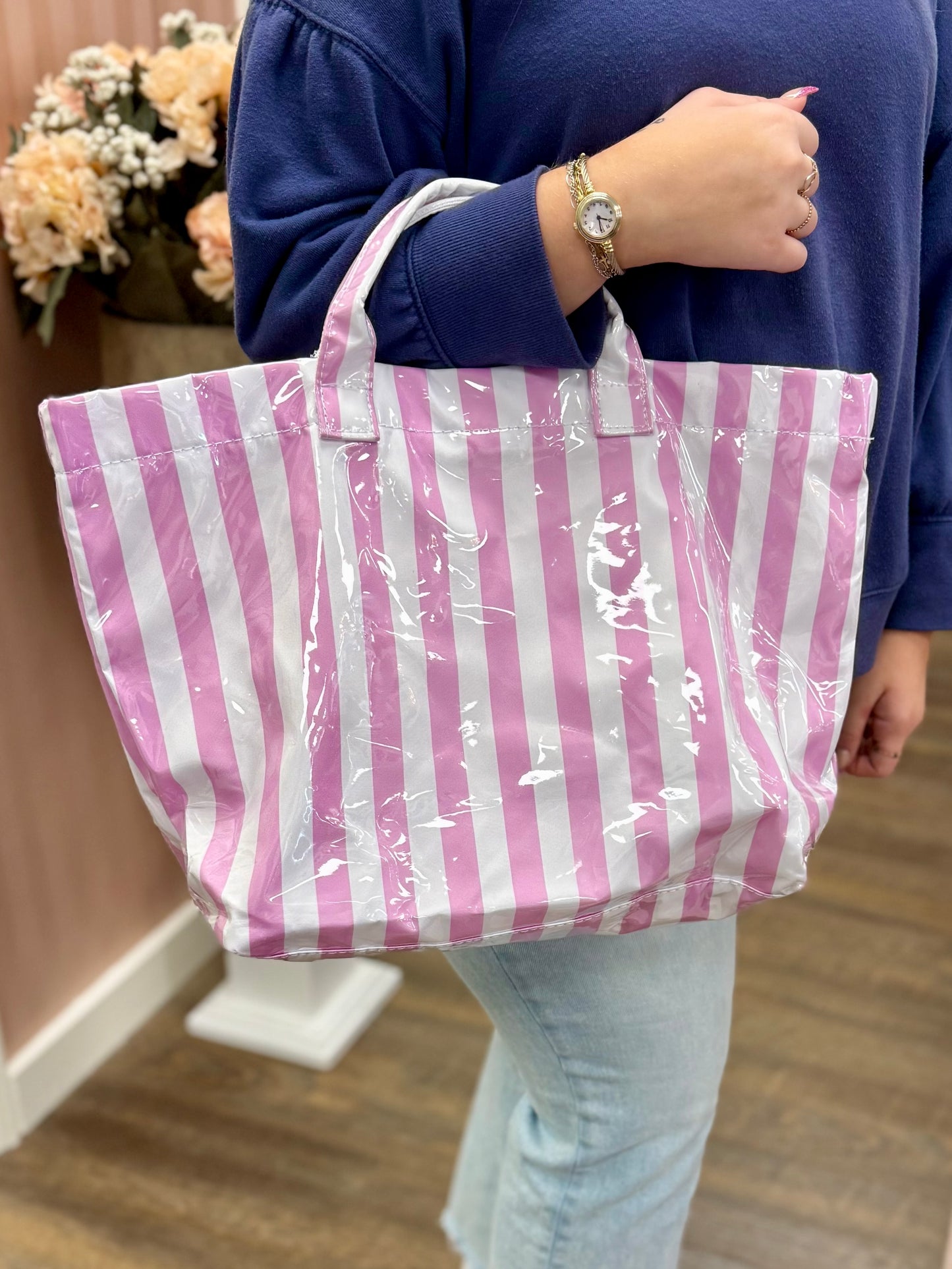 Pink & White Glossy Striped Pool Tote Bag
