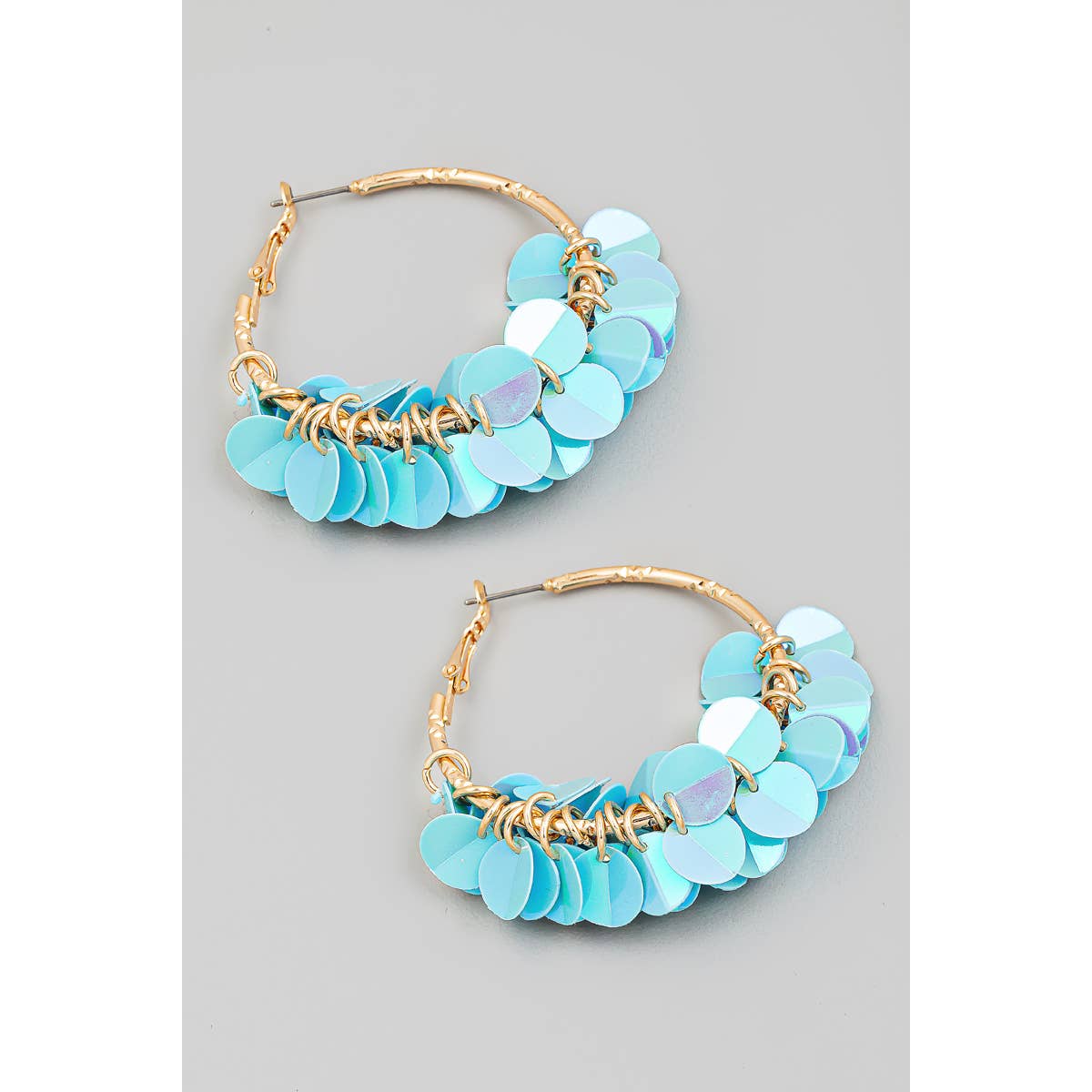 Light Blue Shiny Multi Sequin Hoop Earrings