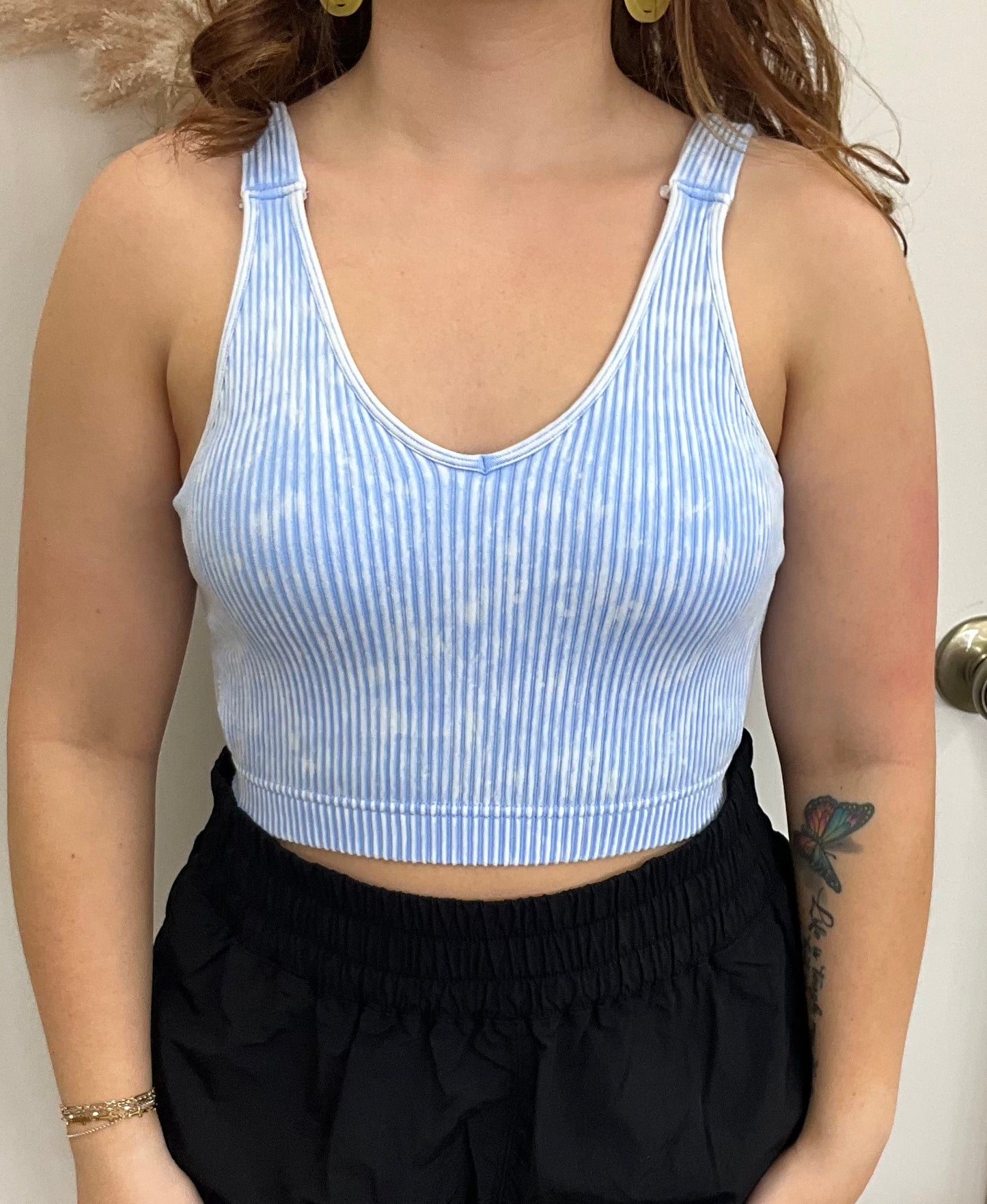Blue Washed Ribbed Cropped Seamless Bra Padded Tank Top