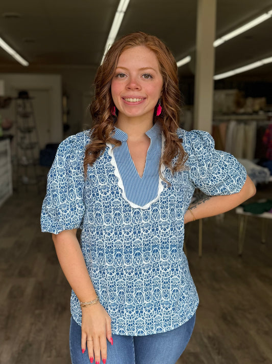 Blue Floral Ric Rac Puff Sleeve Top