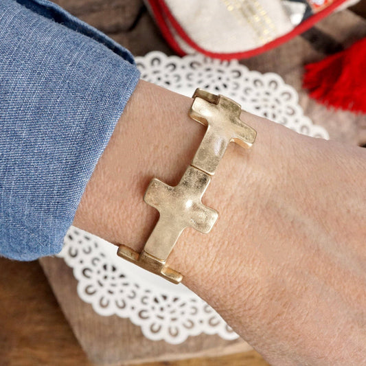 Gold Hammered Sideways Cross Bracelet