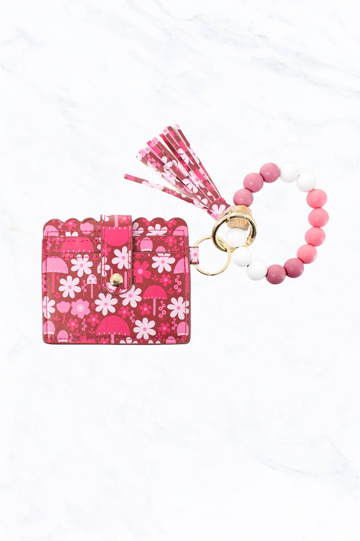 Dark Pink Flower Silicone Bead Bracelet with Card Holder Keychain: