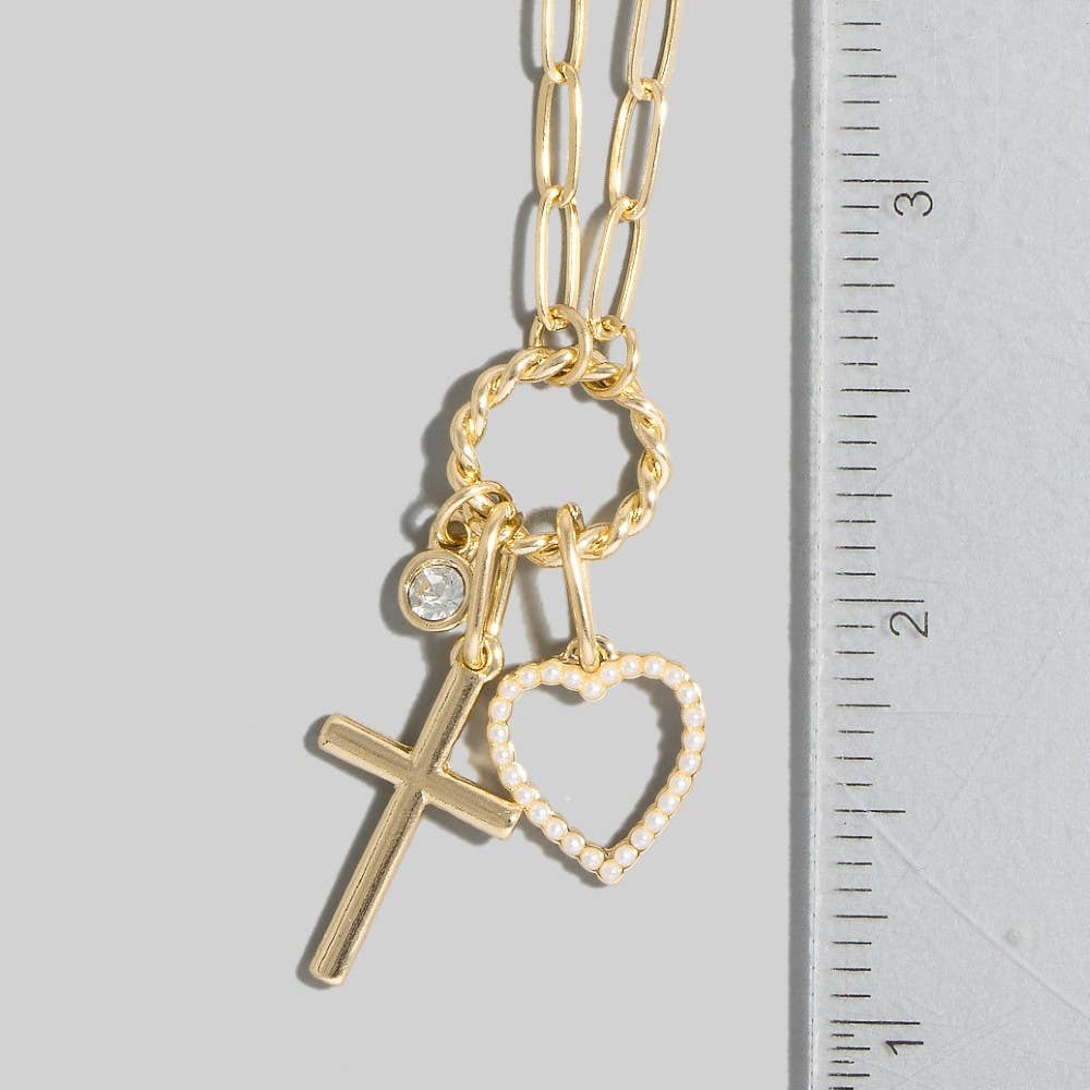 Gold Heart Cross Gem Pendant Chain Necklace