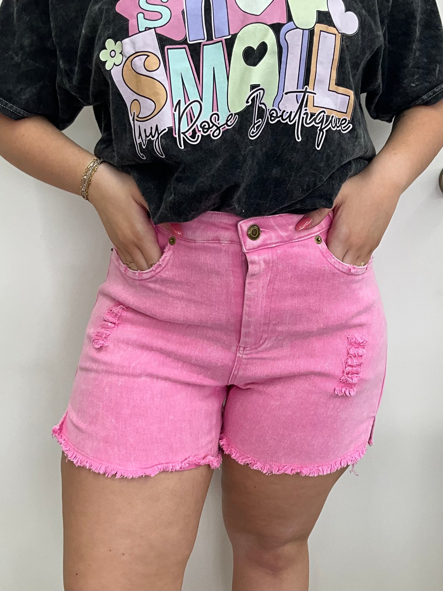 Pink High Rise Mineral Wash Denim Shorts