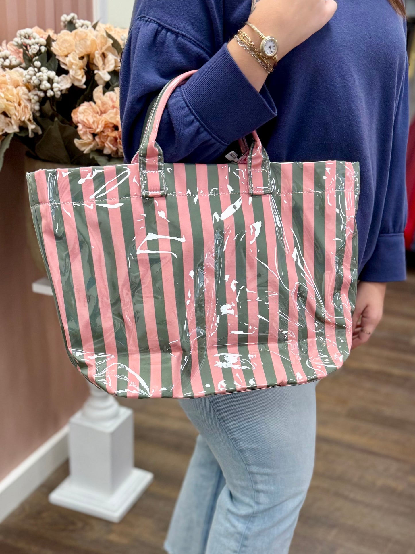 Green & Pink Glossy Striped Pool Tote Bag
