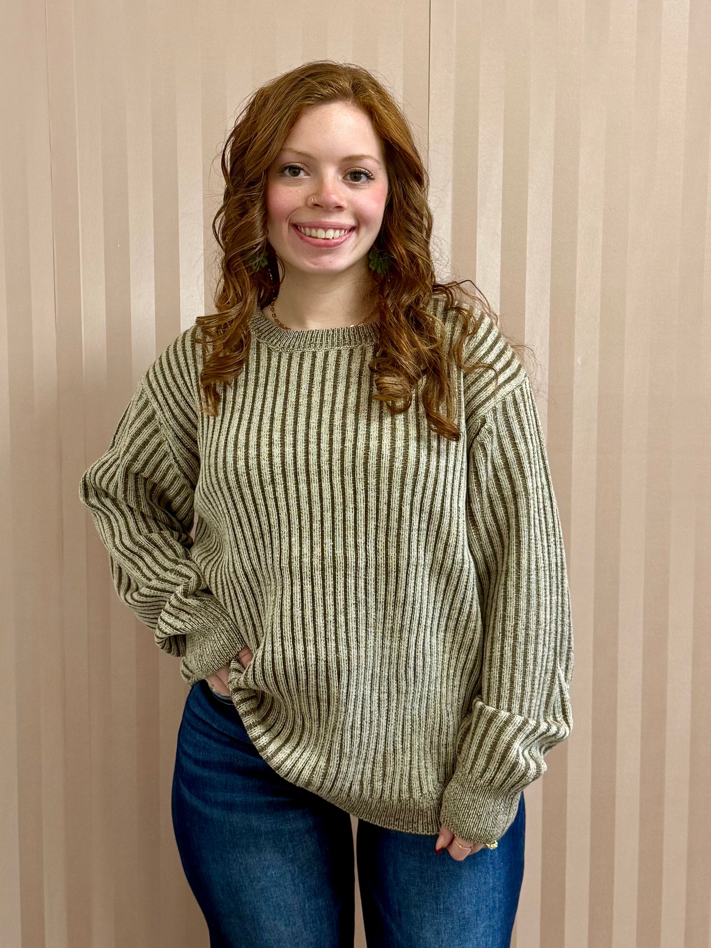 Brown Curved Hem Two-Tone Sweater