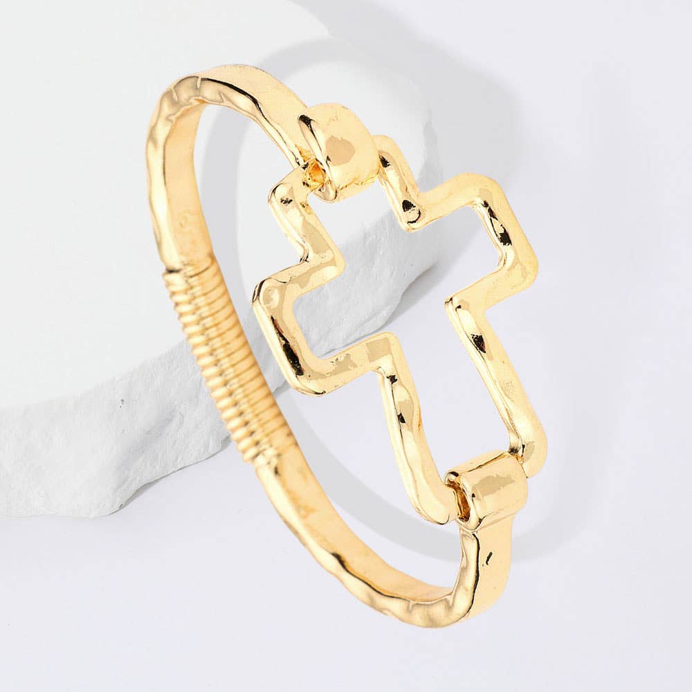 Gold Hammered Open Metal Cross Hook Bracelet