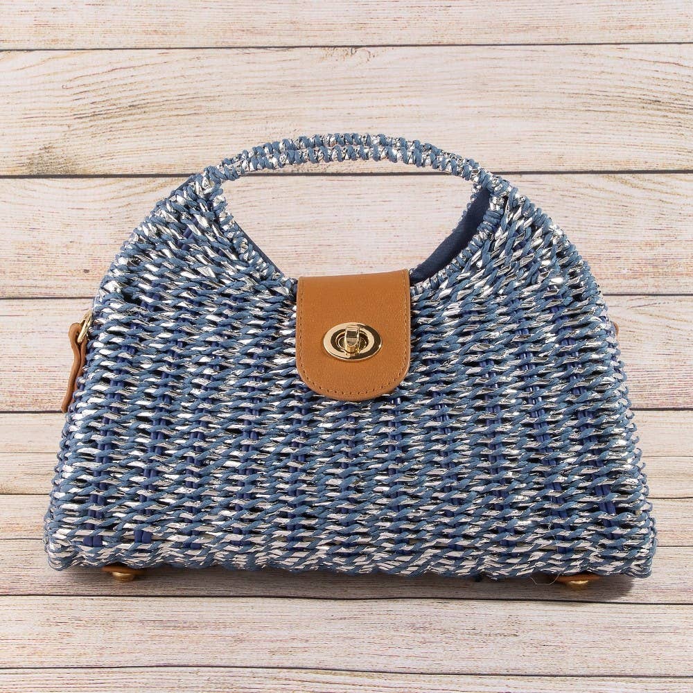 Blue Woven Straw Top Handle Handbag