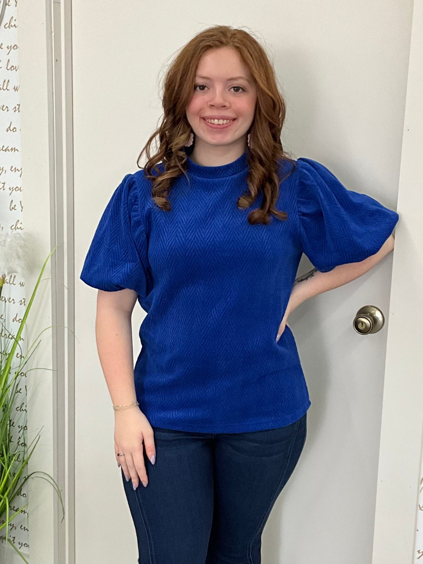 Royal Blue Textured Puff Sleeve Top
