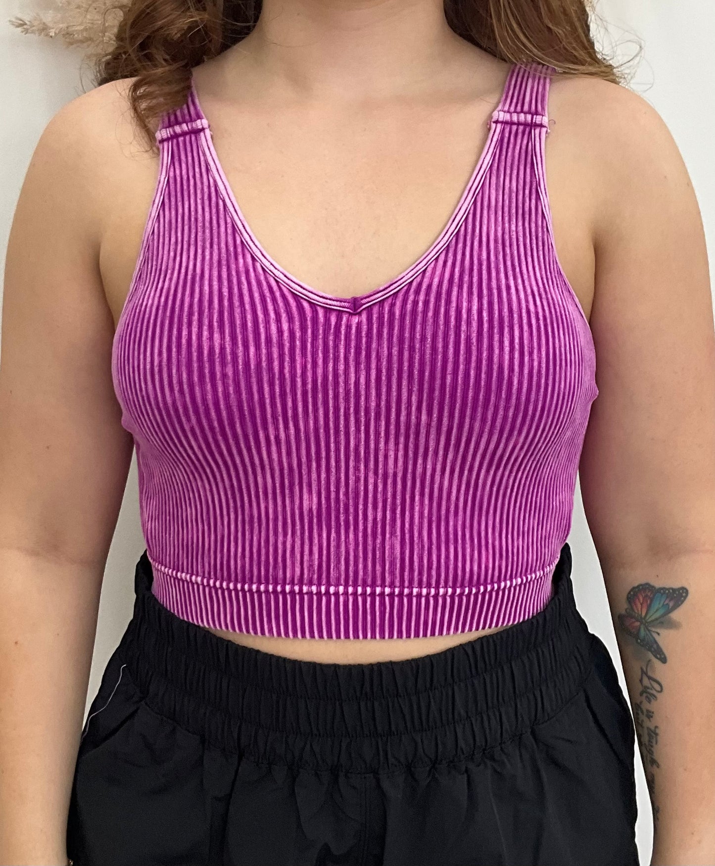 Violet Washed Ribbed Cropped Seamless Bra Padded Tank Top