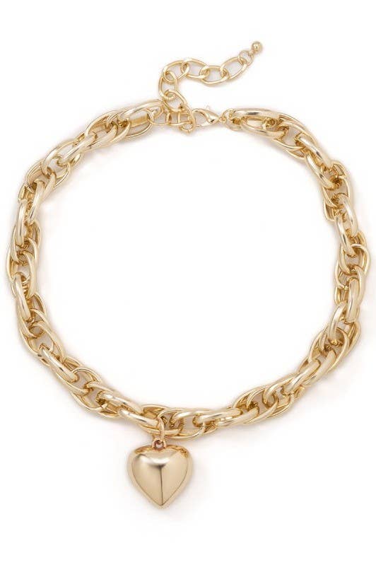 Gold Puffy Heart Chain Statement Necklace