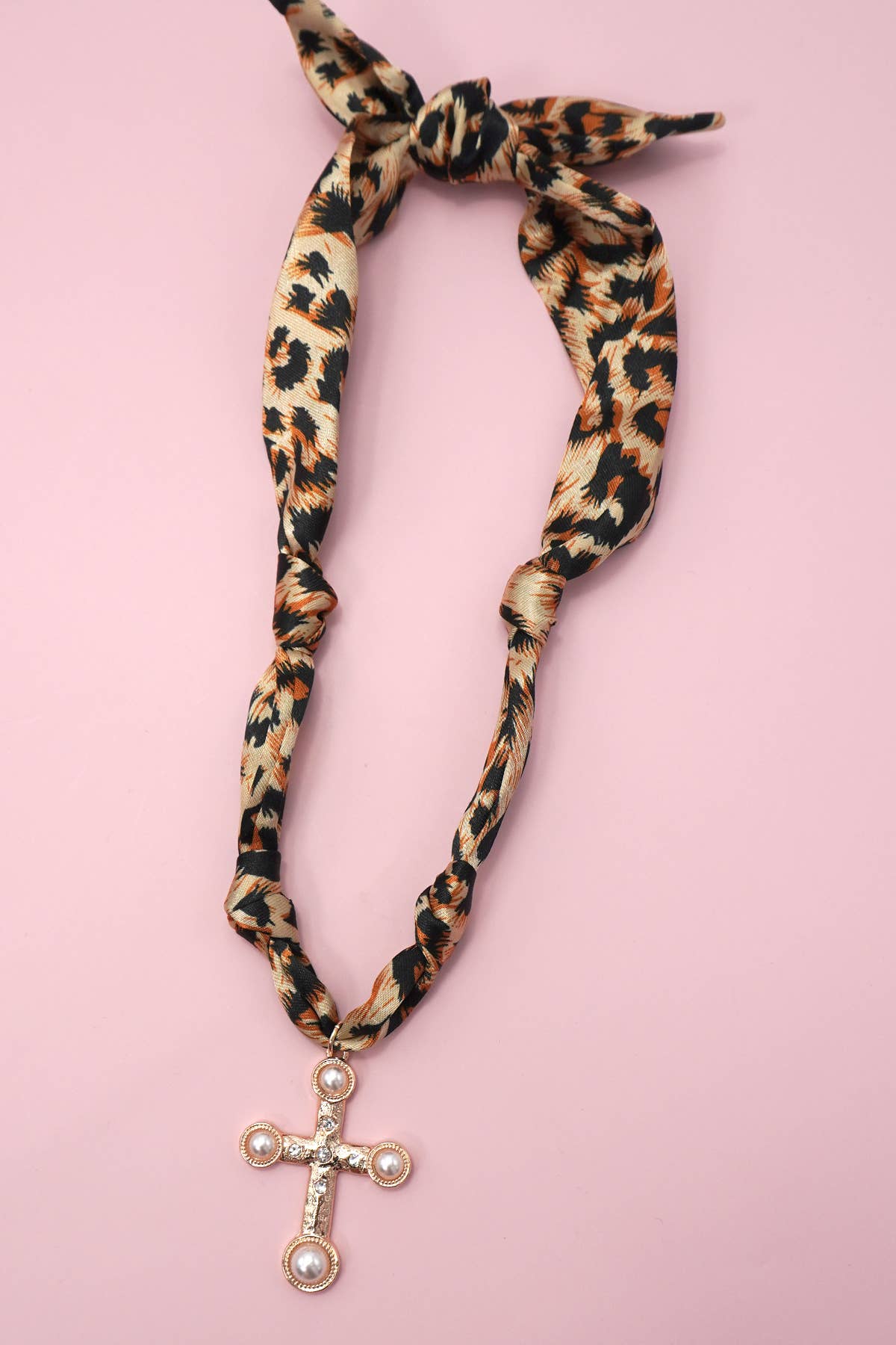 Leopard Scarf Pearl Cross Charm Necklace