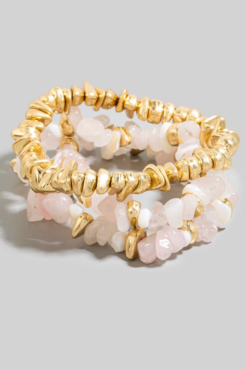 Light Pink Mixed Stone And Metallic Beaded Bracelet Set