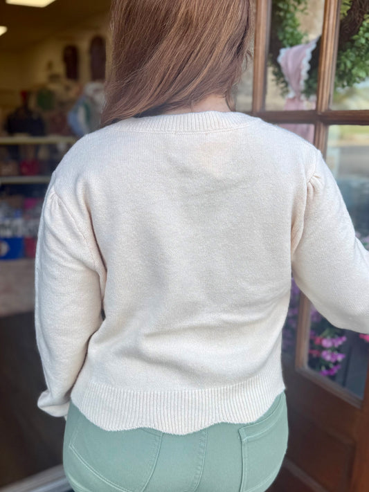 Oatmeal Floral Embroidered Scallop Sweater