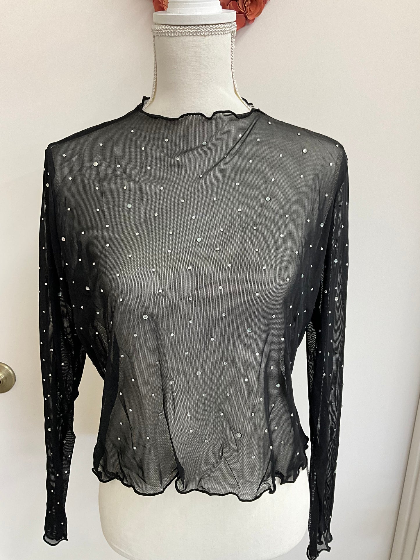 Black Rhinestone Sheer Mesh Top