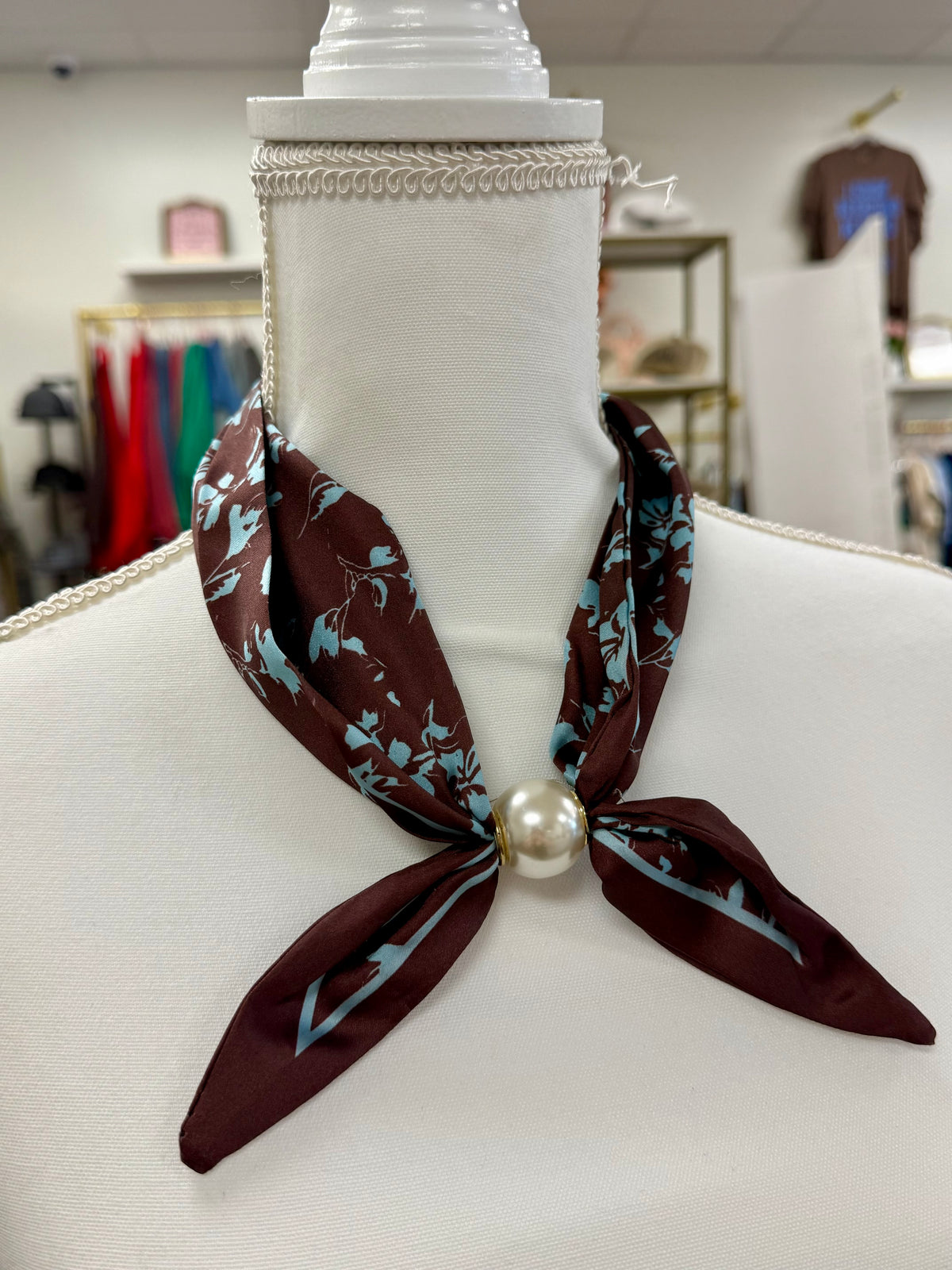Brown & Aqua Floral Silky Scarf Clasp Necklace